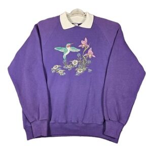 Vintage‎ Lee Hummingbird Floral Sweatshirt Purple White Collar USA Women's XL